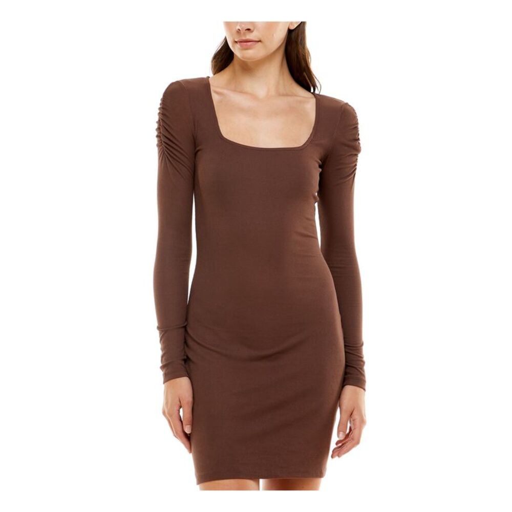 ULTRA FLIRT Womens Body Con Short Dress Brown Long Sleeve Square Neck Juniors XS